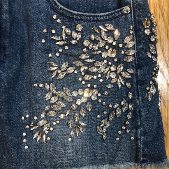 Free People Rhinestone Denim Frayed Mini Skirt - Picture 4 of 8